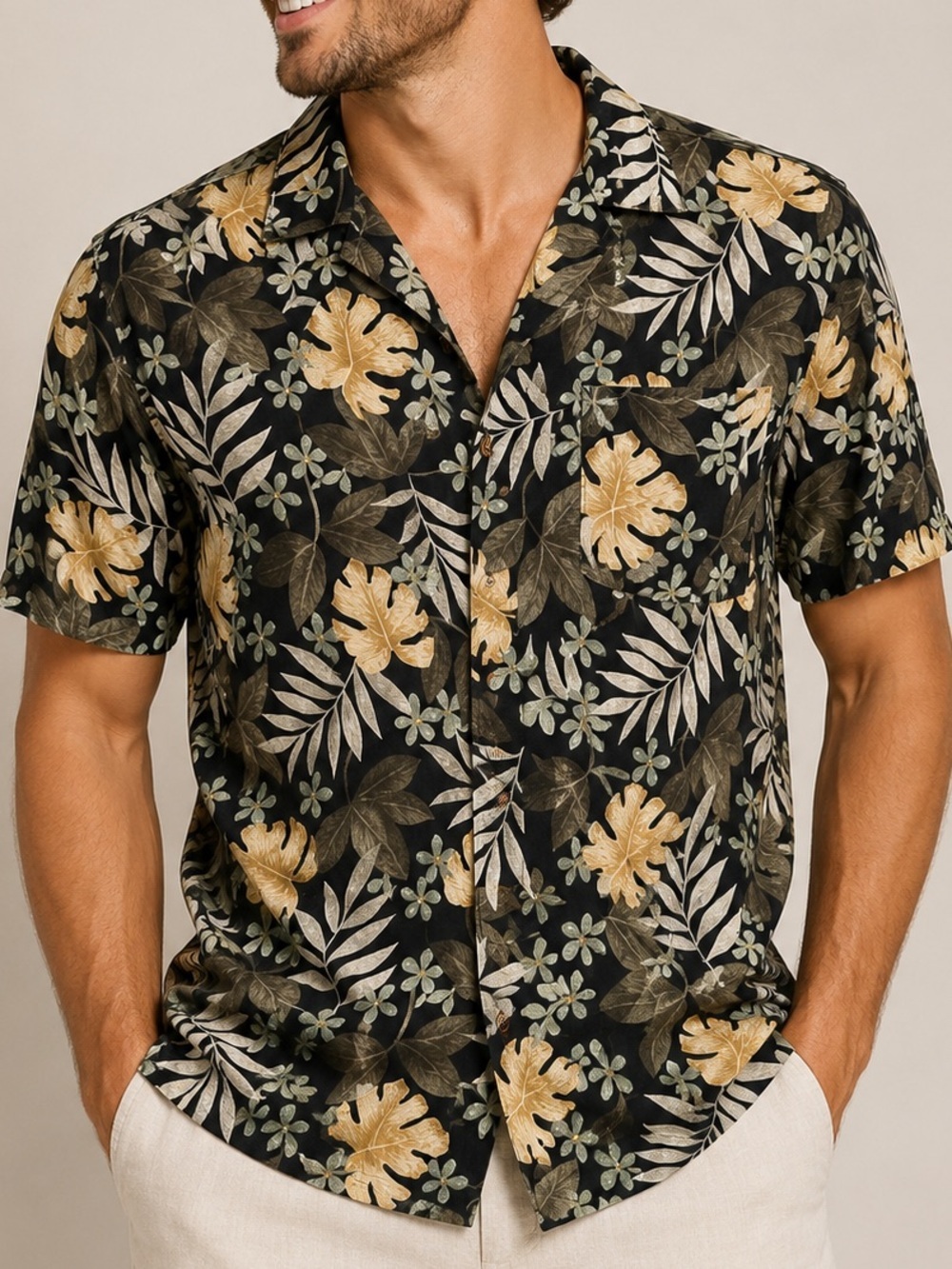 CAMPIA Casual Black Tropical Leaf Short-Sleeve Button-Down Shirt MEDIUM